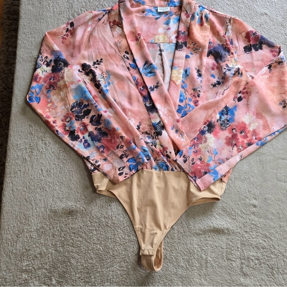 Aritzia Floral Wrap Bodysuit - Pink and Blue